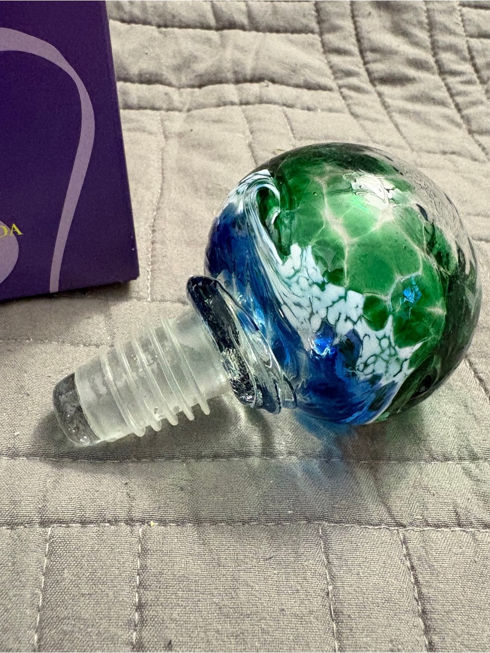 Handblown Glass Bottle Stopper - Green & Blue Decorative Globe